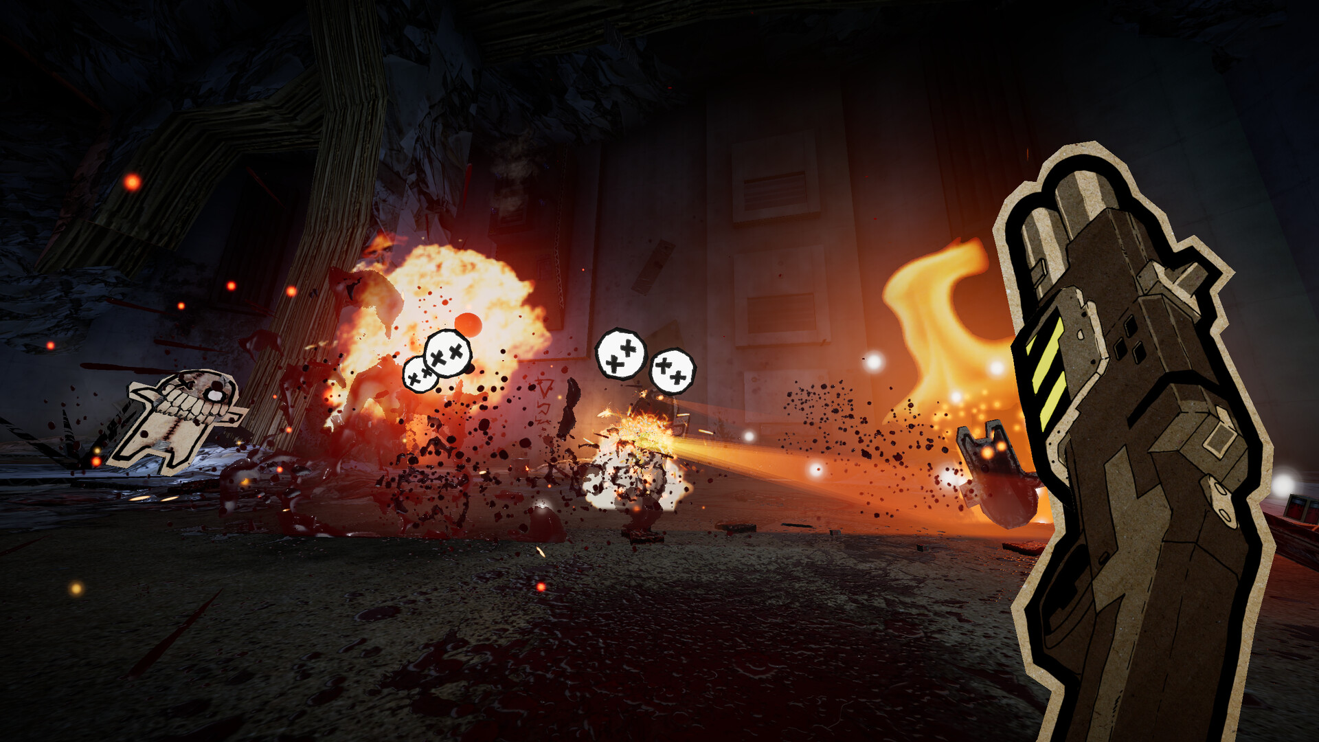 PAPERHEAD first-person combat with a handgun, muzzle flashes, and explosions in a dark industrial room.