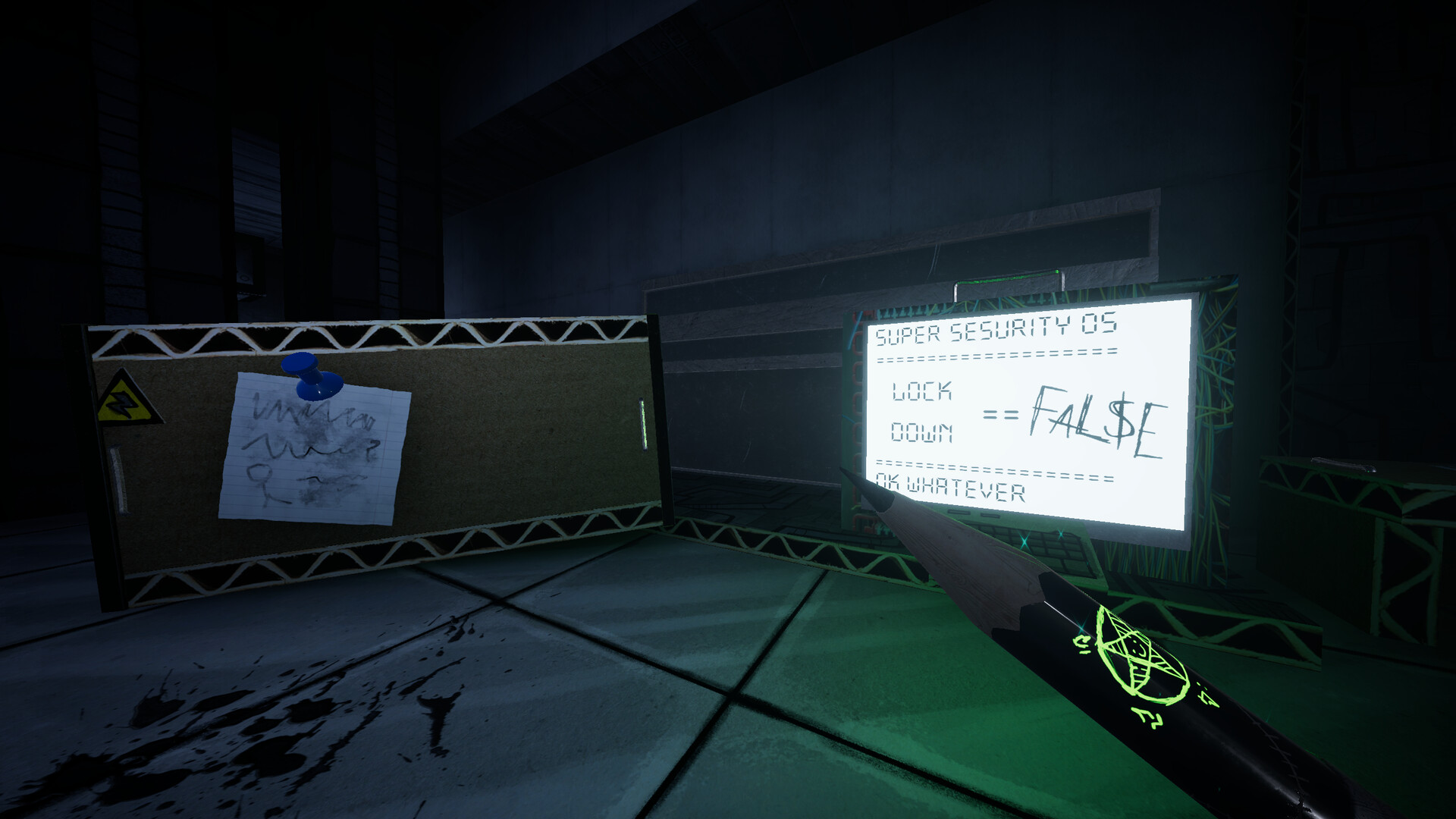 PAPERHEAD pencil pointed at a glowing security terminal in a dark room.