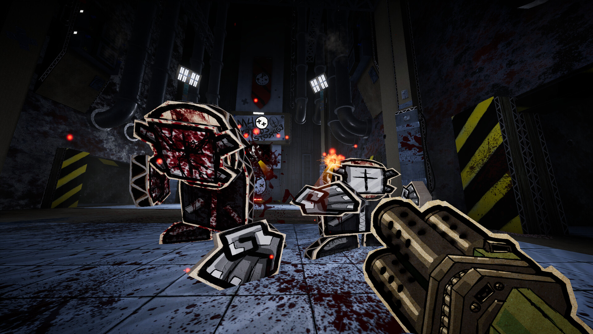 PAPERHEAD paper enemies in a dark industrial corridor.